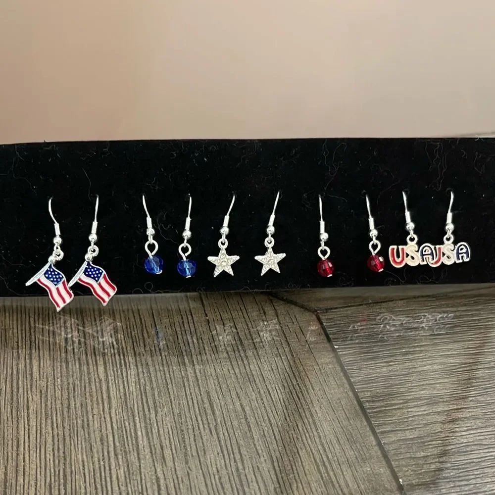 Patriotic Silver-tone Earrings Set Flags, USA, Stars - 4th of July